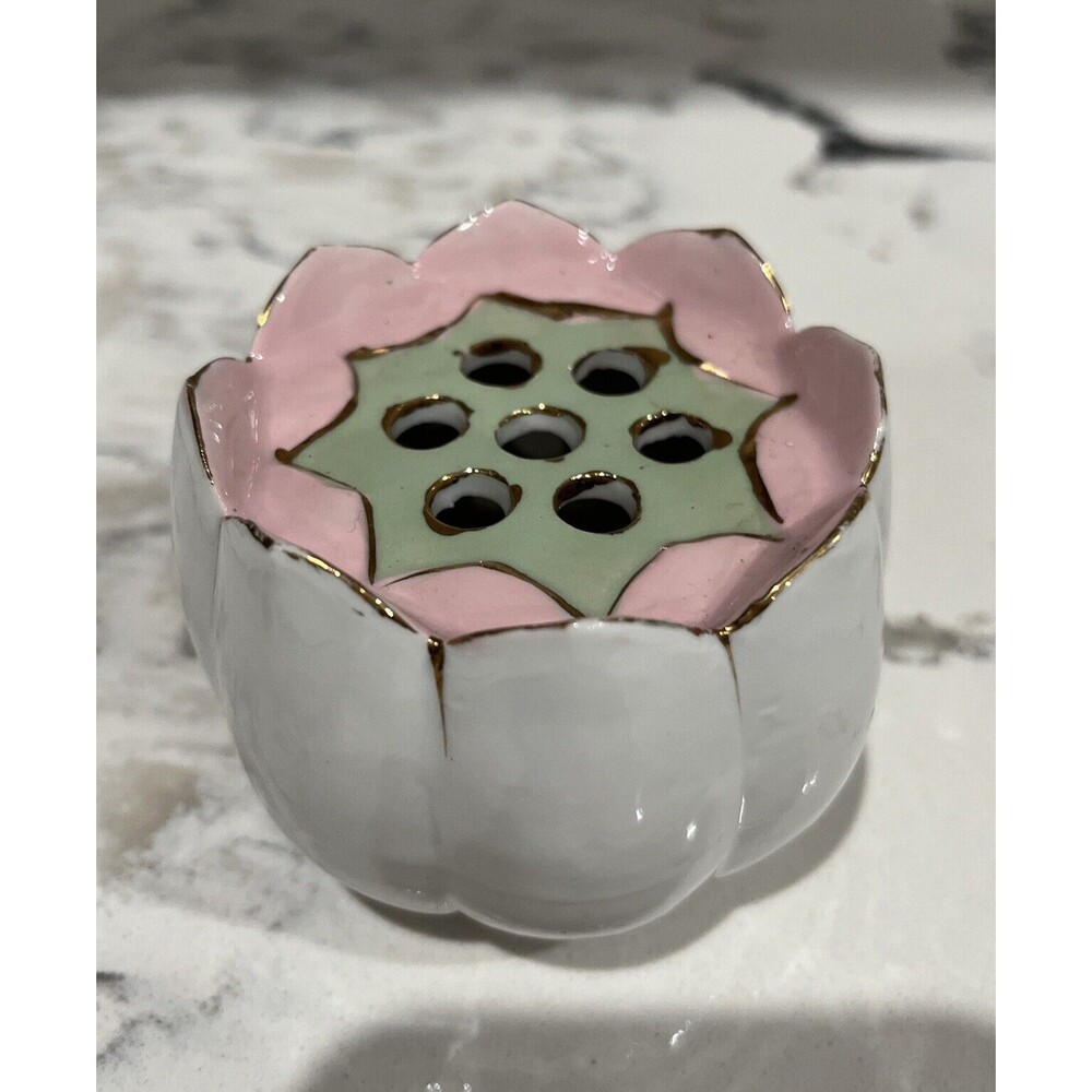 vintage Chinese Porcelain Pink And Mint Green Flower Frog